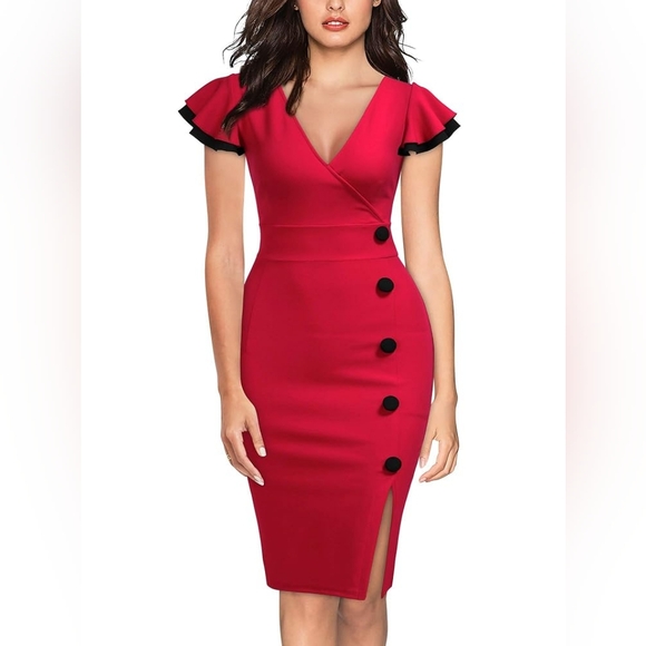 MIUSOL Vintage-Inspired Deep V-Neck Pencil Red Dress | SZ - Picture 1 of 9